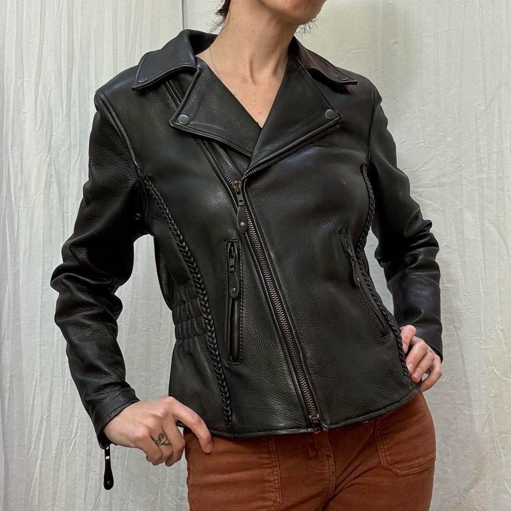 Black Leather Jacket Fitted with Braided leather‎ 90s Biker Goth Vibes